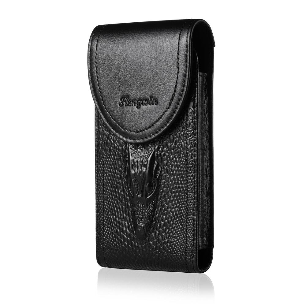 Hengwin Mens Leather Phone Holster Pouch Crocodile Embossed Belt Loop Black